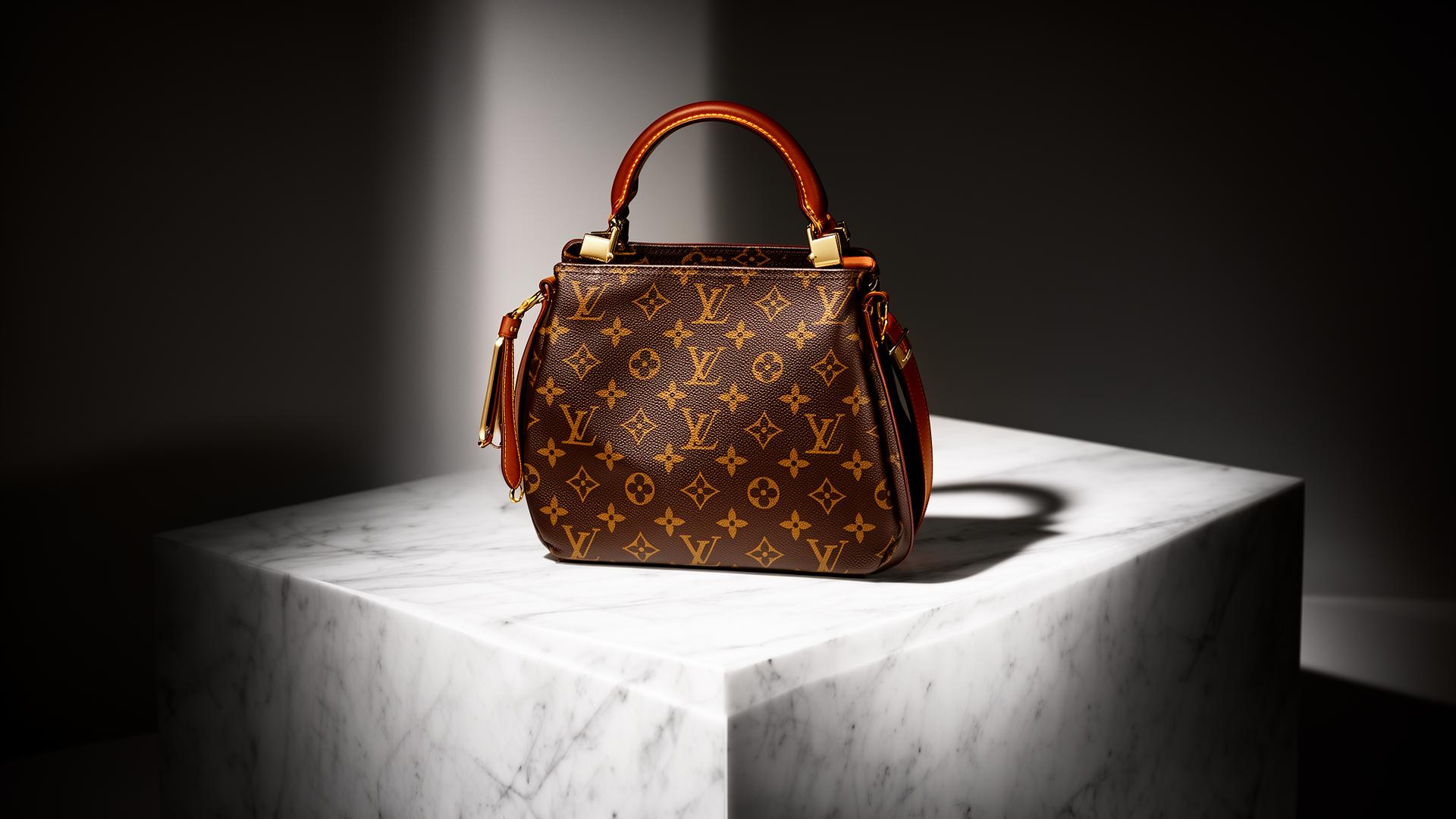 Featured Louis Vuitton handbag on marble pedestal